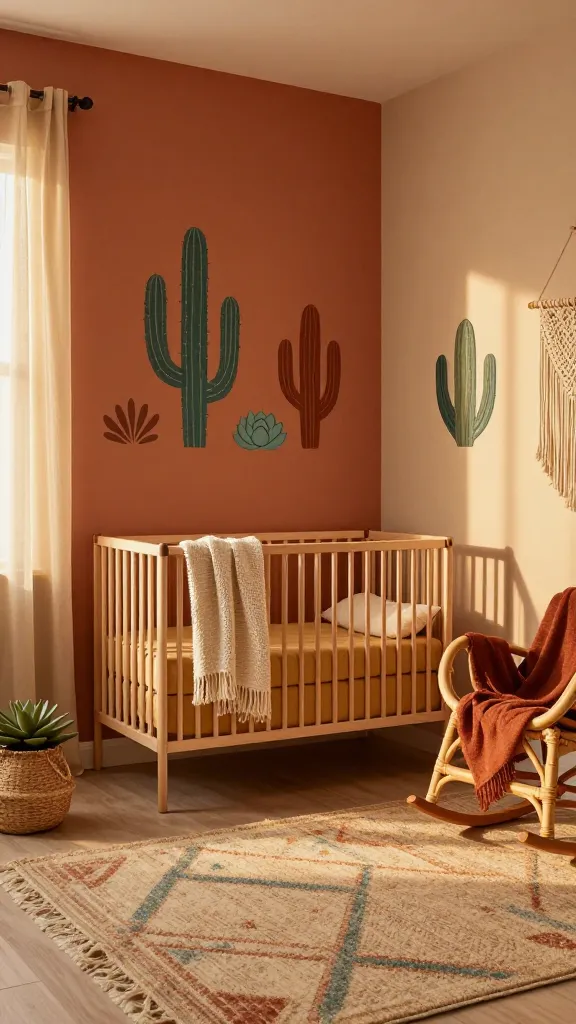 A high-quality, realistic photo of a warm and inviting boho nursery, bathed in the soft, golden glow of a desert sunset. A feature wall painted in a rich terracotta hue serves as a focal point, complemented by soft sandy beige on the adjacent walls. A natural wood crib, dressed with a muted goldenrod fitted sheet and a cream-colored woven blanket, stands against the terracotta wall. Artwork depicting playful, stylized cacti and succulents in muted teal and deep rust tones adorns the walls. A large, textured area rug in a sandy beige with subtle geometric patterns in muted teal and rust covers the floor. A rattan rocking chair with a deep rust-colored throw blanket is placed in a corner, adding to the natural textures. Delicate, sheer curtains in a soft sandy beige filter the natural light, enhancing the warm, earthy ambiance. Various small decor items like a woven basket with a faux succulent plant or a macrame wall hanging are subtly incorporated. No text.