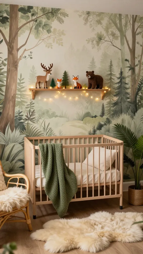 A high-angle, wide shot of a warm and earthy boho nursery, designed as a whimsical woodland retreat. Soft, diffused natural light illuminates the space. A feature wall showcases a subtle, painterly forest mural in muted earthy greens and creams. Centered against this wall is a natural wood crib, adorned with organic cream bedding and a chunky moss-green knitted blanket. A plush, cream-colored faux fur rug partially extends from beneath the crib. Delicate warm-toned fairy lights twinkle along a floating wooden shelf above the crib, where charming felt and wooden forest animal figures (deer, fox, bear) thoughtfully peek out. A cozy rattan armchair with a cream sheepskin throw and a tall, leafy potted plant complete the inviting scene. The overall ambiance is dreamy, magical, and full of natural wonder, captured in a realistic, high-quality photograph with no text.
