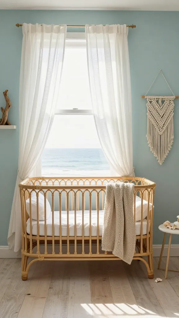 A high-quality, realistic photograph of a serene coastal boho nursery, bathed in soft, natural sunlight streaming through a large window. The room features walls painted in a muted seafoam blue, complemented by a light, bleached wood floor. At the center is a beautifully crafted rattan crib, dressed with crisp white linen bedding and a soft, sandy beige knitted blanket. Lightweight, flowing white linen curtains gently billow at the window, evoking a breezy, endless summer day feel. Subtle decor elements include a piece of artfully arranged driftwood on a minimalist shelf, delicate seashells scattered on a small white side table, and a textural macrame wall hanging in an off-white hue. The overall ambiance is calm, earthy, and refreshing, with a harmonious blend of warm sandy beiges, crisp whites, and soft blues, creating a sun-bleached, organic oasis for a baby. No text.