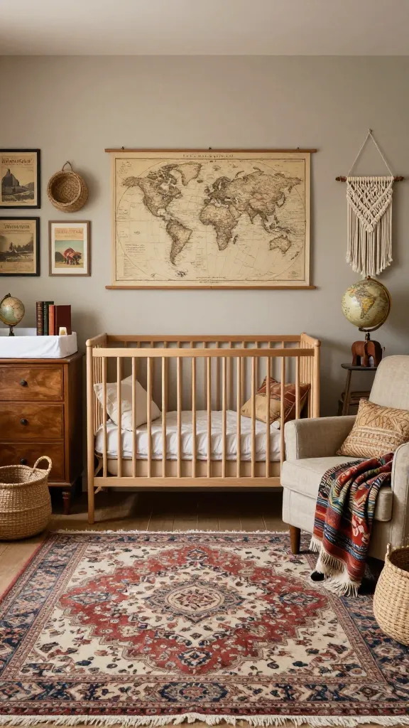 A high-quality, realistic photograph capturing a beautifully curated boho baby nursery, styled as a vintage global explorer's den. The room is warm and earthy, centered around a natural wood crib dressed with soft, neutral bedding. A large, faded vintage Persian-style rug in muted reds, blues, and creams grounds the space. Above the crib, an antique-style world map is the focal point, flanked by a gallery wall featuring framed vintage travel posters and small woven baskets. To one side, a comfortable armchair upholstered in a textured linen fabric is draped with a globally inspired patterned throw blanket. A vintage wooden dresser serves as a changing station, adorned with a small decorative globe, old leather-bound books, and a wooden elephant figurine. Various textures abound, including woven storage baskets, macrame wall hangings, and a mix of textiles from different cultures. Soft, diffused natural light streams into the room, highlighting the eclectic, adventurous, and deeply personal atmosphere. No text on image.