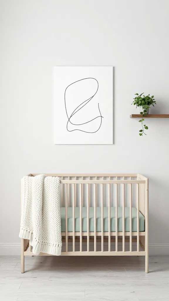 A realistic, high-quality professional interior photograph of a modern minimalist boho chic nursery. The room features crisp white walls and light gray floorboards. A sleek, natural light wood crib is positioned against one wall, adorned with a chunky white knit blanket and a subtle muted green fitted sheet. Above the crib, a single minimalist abstract line drawing in black on a white canvas provides a focal point. A small, dark natural wood floating shelf holds a potted plant with soft green leaves. The overall aesthetic is serene and uncluttered, bathed in soft, diffused natural light from a window not fully visible. Accents of black and muted green are subtle against the predominant white and light gray palette. No text on the image.