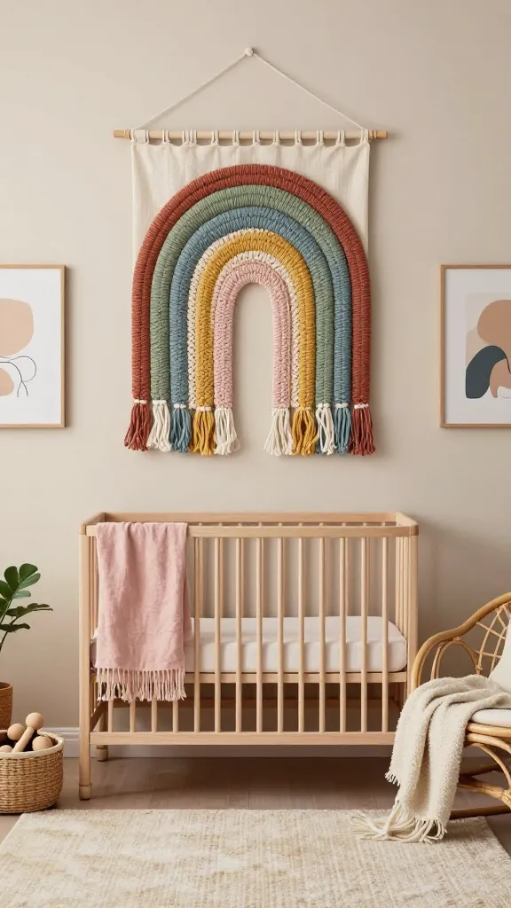 A beautifully styled boho nursery, bathed in warm, soft natural light. The room features a natural wood crib dressed with a muted blush pink linen, positioned beneath a captivating, rainbow-themed macrame wall hanging. This macrame piece showcases sophisticated, earthy versions of rainbow colors: terracotta, sage green, mustard yellow, dusty blue, and blush pink. These same muted rainbow tones are subtly woven into the room's textiles, including a plush cream rug, soft throw blankets draped over a natural rattan glider chair, and abstract wall art on a light beige wall. Playful, curated accessories like a woven basket filled with wooden toys and a small, leafy plant enhance the joyful, whimsical, and earthy atmosphere without overwhelming the space. High-quality, realistic interior photography, no text.