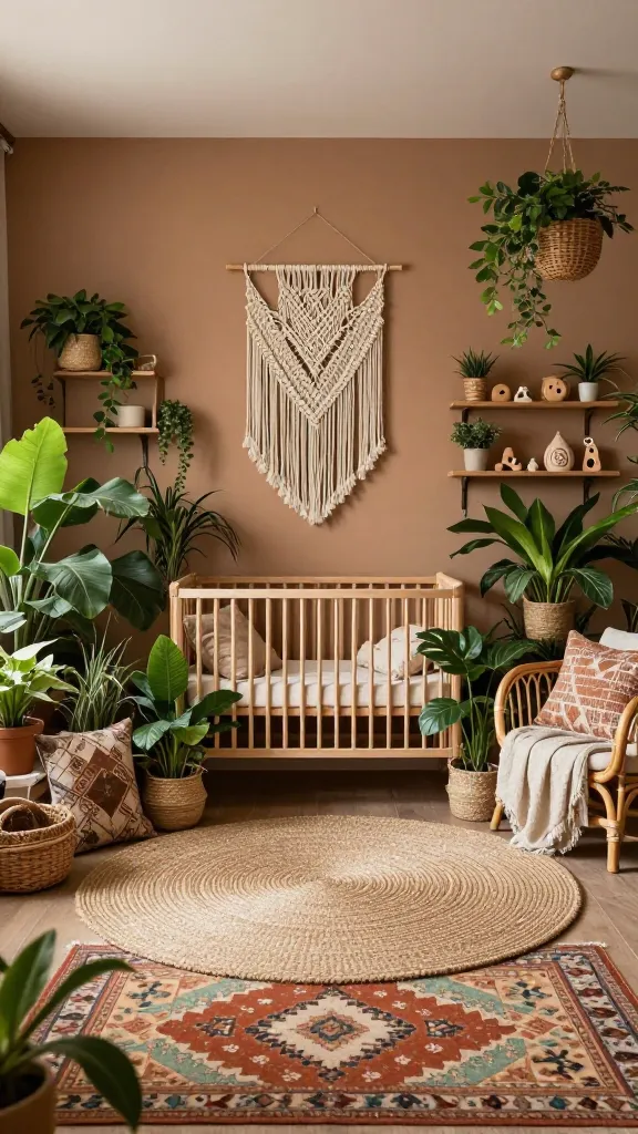 A realistic, high-quality, wide-angle photograph of an incredibly cozy and immersive earthy maximalist boho nursery. The room is a vibrant, layered jungle oasis. At its heart, a natural wood crib is nestled amidst an abundance of lush, baby-safe plants in various woven baskets and hanging planters. The floor is deeply layered with a large round natural jute rug, topped by a smaller, richly patterned Turkish or Moroccan rug in warm, muted earthy tones of terracotta, sage green, and cream. Walls feature a warm, muted earth tone, adorned with intricate macrame wall hangings and shelves displaying a mix of wooden toys, ceramic decor, and more small potted plants. Patterned linen textiles are draped over a rattan armchair, and patterned throw pillows are scattered, contributing to a rich tapestry of texture and visual interest. Soft, warm natural light illuminates the scene, making every corner feel like it tells a story.