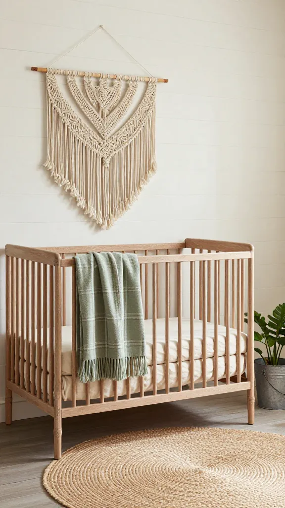 A realistic, high-quality photograph of a warm and inviting rustic farmhouse boho nursery, bathed in soft, natural light. The central feature is a sturdy, slightly distressed light wood crib, dressed with a cream linen sheet and a cozy, muted sage green plaid throw blanket draped over one rail. Above the crib, a large, intricate macrame wall hanging with fringed details provides a bohemian touch against a warm off-white shiplap accent wall. To the right of the crib, a small galvanized metal bucket holds a potted, leafy green plant, while a round jute rug with a subtle woven pattern grounds the space. The room exudes a harmonious blend of natural fibers, reclaimed wood textures, and subtle country comfort with effortless bohemian chic. No text.