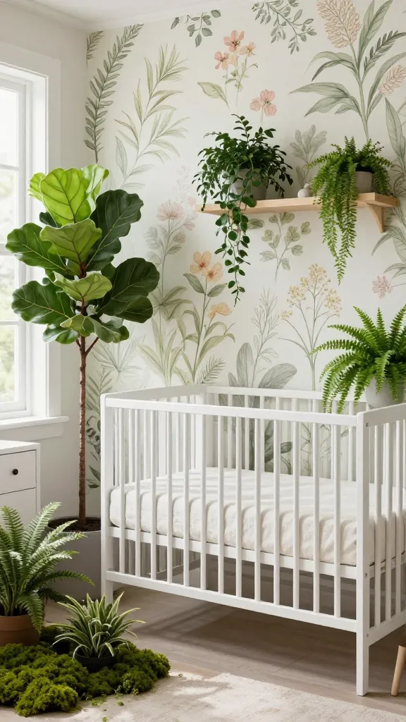 A high-quality, realistic photograph capturing a serene and airy botanical garden boho nursery. The focal point is a crisp white modern crib with soft cream linen bedding, positioned against a wall featuring an elegant, understated botanical wallpaper with delicate green foliage and subtle blush pink and soft yellow floral accents. Various real and high-quality faux plants, ranging from deep moss to vibrant emerald green, are artfully arranged throughout the room – a tall potted Fiddle Leaf Fig on the floor, smaller trailing plants on a light wood floating shelf, and a delicate fern on a white dresser. Natural light streams in from a window, highlighting the fresh, clean atmosphere. The overall aesthetic is tranquil and earthy, dominated by crisp whites, soft creams, and a rich spectrum of greens, with gentle hints of blush pink and soft yellow woven into the botanical patterns.