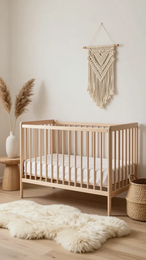 A high-quality, realistic interior photograph of a warm and earthy Scandi-Boho minimalist nursery. The centerpiece is a sleek, modern crib crafted from light birch wood, adorned with crisp white linen bedding. A luxurious, off-white sheepskin rug is artfully draped over the light wood floor beside the crib, inviting warmth. The walls are painted a soft, creamy off-white, creating a bright and airy backdrop. To one side, a tall, slender vase holds a delicate arrangement of dried pampas grass, placed on a small, round, light wood side table. A single, intricately woven macrame wall hanging in a natural beige tone subtly decorates the wall above the crib. A large, functional woven storage basket sits near the crib, hinting at practical storage. Soft, diffused natural light bathes the room, enhancing the calm, harmonious, and sophisticated atmosphere. No text on images.