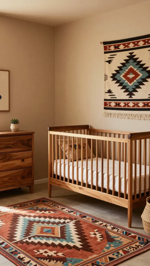 A warm and inviting Southwestern-themed boho nursery, bathed in soft natural light. The room features a sturdy crib and a matching dresser, both crafted from medium to dark natural wood. Walls are painted in a warm sienna or adobe tone, complemented by creamy white bedding in the crib. Prominent Navajo-inspired geometric patterned textiles in deep rust, earthy browns, and muted turquoise or dusty blue are incorporated as a large area rug and a decorative wall hanging. A woven basket sits on the floor, and a small, simple potted succulent adorns the dresser. The overall atmosphere is serene, earthy, and full of natural, rugged beauty. High-resolution, realistic photo, no text.