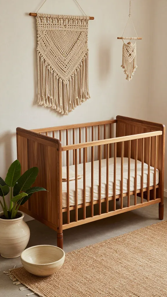 A high-angle, wide shot of a serene, warm, and earthy boho nursery, bathed in soft, diffused natural daylight. The centerpiece is a unique, artisan-crafted wooden crib, featuring a rich, natural wood grain and subtle, hand-carved details along its frame, dressed with organic cotton bedding. Adjacent to the crib, a hand-thrown ceramic planter holds a vibrant, leafy green plant, and a decorative, organically shaped ceramic bowl rests on a natural jute rug. A large, intricate woven wall hanging in warm, muted tones adorns the wall above the crib, complementing a delicate macrame mobile. The room feels deeply personal and curated, showcasing natural materials like wood, ceramic, and various handcrafted textiles, creating an inspiring space filled with unique, functional art and a sense of calm craftsmanship. Realistic, high-quality photograph.