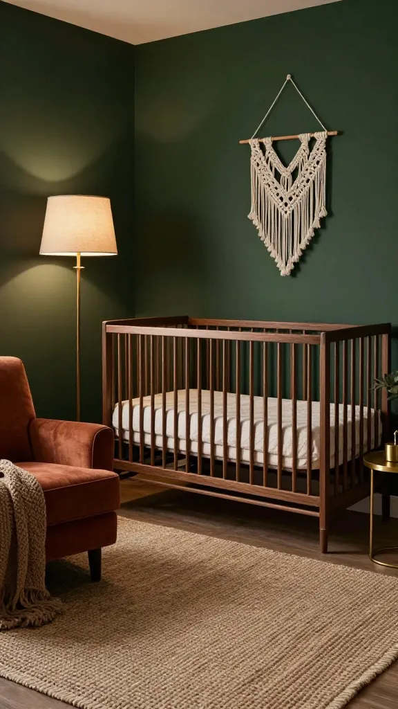 A high-quality, realistic photograph of a dark and moody boho nursery, designed as a sophisticated and cozy retreat. The walls are painted a deep forest green, creating an intimate, protective embrace. A sleek, rich walnut wood crib with simple lines is positioned against one wall, dressed with soft, natural linen bedding in an off-white color. Above the crib, a delicate macrame mobile hangs. Warm, ambient light emanates from a brass floor lamp with a linen shade in one corner, casting a gentle glow. A large, textured jute rug covers the floor, adding natural texture. Nearby, a comfortable armchair upholstered in a deep rust-colored fabric offers a cozy spot. Accents of brass are visible in a small side table and decorative objects. Layered textiles, such as a chunky knit throw over the armchair, enhance the warmth. The overall atmosphere is luxurious, soothing, and earthy, with a perfect balance of dark tones and natural elements. No text.