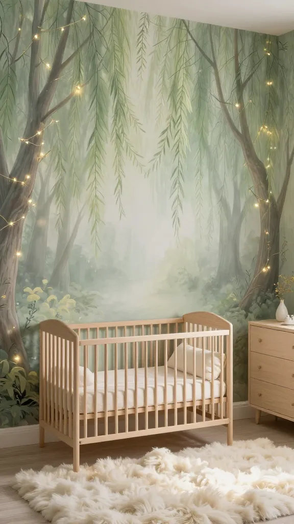 High-angle, realistic photo of a serene enchanted forest nursery bathed in soft, filtered sunlight. A delicate mural of wispy willow trees in pale sage green and misty grey covers the main wall, with subtle, warm fairy lights artfully woven through the painted branches, casting a gentle, dreamy glow. A light wood crib, dressed in creamy ivory bedding, stands against the mural, with a matching light wood dresser nearby. A plush, cloud-like ivory shag rug covers the floor, adding luxurious comfort. Soft gold accents are subtly integrated into the decor, enhancing the light, airy atmosphere and evoking a soothing sense of quiet wonder.