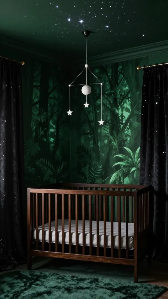 A high-quality, realistic photo of a luxurious "Deep Woods & Starry Nights Sanctuary" nursery. The room features deep, velvety forest green walls, with one prominent accent wall creating an enveloping, moody atmosphere. Rich, dark-stained wooden crib is centrally placed. Blackout curtains with subtle star patterns are drawn, adding to the celestial theme. A delicate celestial-themed mobile hangs gracefully above the crib. The room is softly illuminated by a subtle, projected starry sky visible on the ceiling and upper walls, creating a magical, moonlit forest ambiance that feels utterly captivating and cozy. No text.