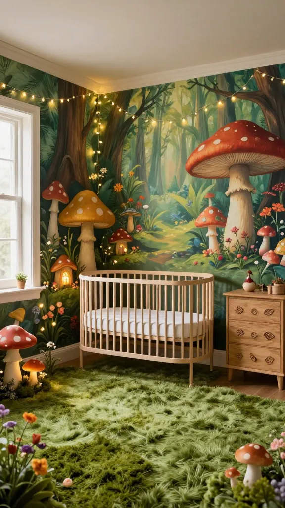 A high-quality, realistic wide-angle photograph of an enchanting "Fairy Glen & Mushroom Magic Wonderland" nursery. The room is bursting with playful charm, featuring vibrant, earthy tones. Hand-painted murals cover the walls, depicting an immersive forest scene with oversized, whimsical toadstools in various cheerful colors and tiny, glowing fairy houses nestled amongst a scattering of delicate, colorful wildflowers. A plush, soft moss-green rug covers the floor, creating the sensation of walking on a magical forest floor. In the center, a light-toned, round crib with elegant, simple lines stands gracefully. Adjacent to it, a whimsical wooden dresser features subtly carved, nature-inspired details like leaves or tiny mushrooms. Delicate string lights are artfully draped across the ceiling and along the walls, casting a warm, magical glow that highlights the imaginative details. Natural light streams in from a window, illuminating the cheerful space and adding to the fairytale ambiance. The overall impression is a serene, imaginative, and delightful space for a child. No text.