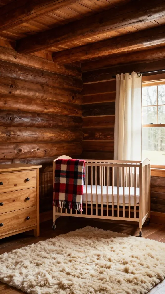 A high-quality, realistic photograph of a warm and inviting rustic woodland cabin nursery. The room features a prominent wood-paneled accent wall and visible dark exposed wooden ceiling beams, creating a cozy, authentic forest cabin atmosphere indoors. A sturdy, safely designed log crib is positioned prominently, adorned with a buffalo plaid blanket. Beside it, a chunky pine dresser with a handcrafted feel sits against the wall. A soft, cream-colored faux shearling rug covers a portion of the floor, inviting comfort. Natural linen curtains hang at the window, allowing soft, diffused light to illuminate the space. The color palette is dominated by warm earth tones, deep browns, rich reds from the plaid, and creamy whites, evoking timeless charm. No text.