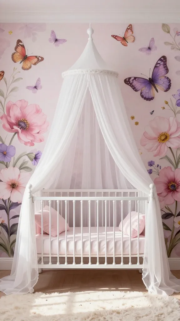 A realistic, high-quality photograph of an enchanting "Enchanted Blooms & Butterfly Kisses" nursery. The focal point is a beautiful white wrought-iron crib, elegantly draped with a flowing, sheer white canopy. The wall behind the crib is adorned with exquisite floral wallpaper featuring oversized, painterly blooms in soft pinks and lavender, interspersed with graceful, realistic butterflies in various stages of flight. The room's color scheme is light and airy, dominated by soft pinks, lavender, and creamy whites, with delicate touches of gold in small, refined accents. Soft, diffused natural light streams into the space, creating an ethereal, feminine, and dreamlike atmosphere, reminiscent of a secret garden brought to life indoors. A plush, cream-colored rug covers the floor, adding to the delicate charm of this fairytale nursery.