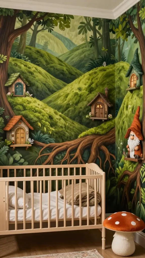 A high-quality, realistic photo of a whimsical and cozy enchanted forest nursery, inspired by gnomes. The main wall features a detailed hand-painted mural depicting lush rolling hills in various shades of moss green, with warm brown tree roots forming the base for charming, small gnome cottages. Tiny, intricate wall decals of miniature doors and windows are subtly integrated into the mural and on a nearby wall, suggesting hidden gnome homes. In the foreground, a simple, sturdy natural wood crib is dressed with soft, earthy-toned bedding. A playful burnt orange mushroom-shaped ottoman sits nearby, adding a pop of color. The room's palette is rich in moss green, burnt orange, and warm browns, creating a delightful, earthy, and inviting atmosphere, bathed in soft, natural light.