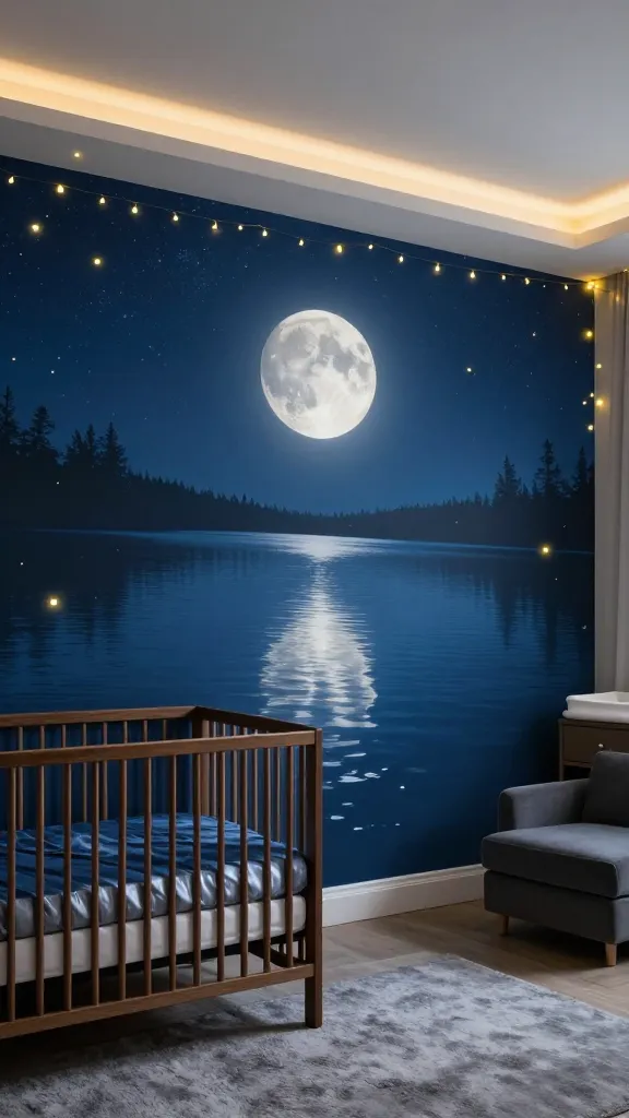 A high-quality, realistic photograph of a serene and magical baby nursery. The dominant feature is a breathtaking, detailed wall mural depicting a perfectly still, deep blue lake clearly reflecting a large, intensely glowing full moon and a vast, starry night sky. The room is softly illuminated by the mural's moon and numerous warm yellow LED string lights, artfully arranged to resemble softly twinkling fireflies scattered around the room, particularly near the mural and ceiling. Subtle, indirect LED strip lighting casts a gentle ambient glow from the ceiling perimeter. In the foreground, a modern baby crib with clean, minimalist lines made of dark espresso wood is positioned, featuring elegant bedding in shades of deep blue and silver. Complementary minimalist furniture, such as a plush, deep gray glider and a dark wood changing table, are subtly placed. The floor is covered with a soft, plush rug in a muted gray. The overall ambiance is tranquil, dreamy, and profoundly peaceful. Wide-angle shot, no text.