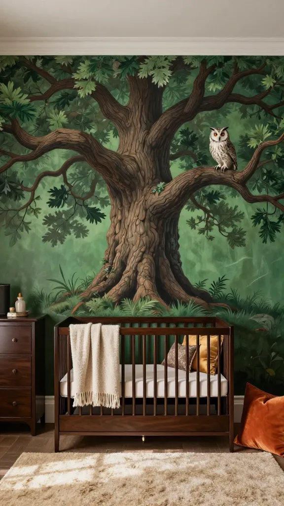 A high-quality, realistic photograph of a majestic and comforting nursery, embodying an ancient oak and wise owls theme. The focal point is a stunning, floor-to-ceiling wall mural depicting a grand, ancient oak tree with intricate bark details, its branches sprawling across the wall. A friendly, wise owl with amber eyes is perched on one of the sturdy branches. The room's color palette features rich emerald green walls, a deep chocolate brown solid wood crib, and a matching substantial dresser. A warm oatmeal beige wool rug covers the floor, and accents of burnt orange and gold are subtly incorporated through a soft wool blanket draped over the crib and decorative pillows. Natural light streams gently into the room, enhancing the grounded and serene atmosphere.