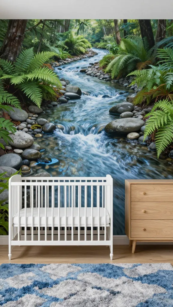 A realistic, high-quality photo capturing an enchanted forest nursery. The focal point is a breathtaking wall mural depicting a winding, sparkling stream with smooth, natural gray pebbles and vibrant, lush green ferns along its banks. A minimalist white wooden crib and a matching light wood dresser are elegantly placed against the mural, keeping the space open and airy. On the floor, a soft, textured area rug in varying shades of cool blue and natural gray subtly mimics the stream bed, adding depth and comfort. The room is bathed in soft, invigorating natural light, emphasizing the dominant cool blues, soft greens, and natural grays, creating a clean, soothing, and subtly enchanting atmosphere. No text.