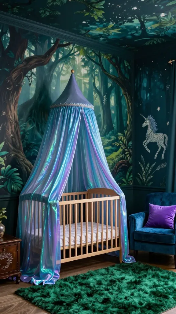 A realistic, high-quality, wide-angle photograph of an enchanting forest-themed nursery, vibrant and imaginative. The walls are a deep, captivating teal, adorned with a fantastical mural depicting ancient, gnarled trees and ethereal mist, subtly hinting at hidden paths and distant wonders. In the foreground, a classic wooden crib is the focal point, draped with a magnificent, iridescent fabric canopy that shimmers with sapphire and amethyst hues, creating a magical glow. Jewel-toned accents are scattered throughout: a plush emerald green rug covers the floor, a velvet sapphire armchair sits in a cozy corner, and amethyst-colored throw pillows rest on it. Subtle, elegant motifs of a stylized unicorn are woven into a decorative tapestry on one wall, and a delicate, almost hidden dragon scale pattern is embossed on a small wooden chest. Soft, dappled light filters into the room, enhancing the mystical atmosphere and storytelling potential. The scene is immaculate and evokes a sense of wonder and fantasy. No text on images.