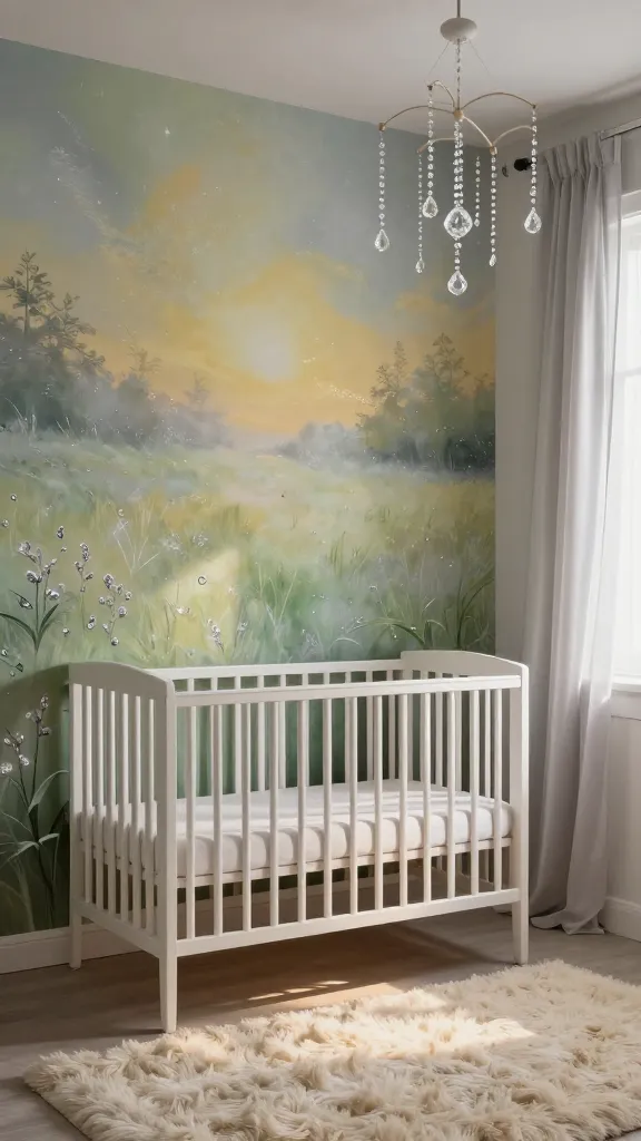 A realistic, high-angle photo of a serene and ethereal nursery room at twilight. The main wall features a breathtaking, subtly shimmering mural depicting a dreamy meadow at dusk, painted in soft greens, pale yellows, misty greys, and silver hues, giving the impression of dew-kissed foliage. A minimalist white wooden crib is positioned against this enchanting backdrop. Soft, diffused twilight glow streams into the room, casting gentle shadows and highlighting textures. Delicate, sheer curtains in a pale silver billow slightly near a window. A thick, fluffy cream-colored rug covers the floor, inviting bare feet. Above the crib, a mobile dangles with numerous clear, translucent beads and crystals, sparkling like fresh dewdrops catching the last vestiges of light. The overall atmosphere is incredibly calming, gentle, and magical. No text.