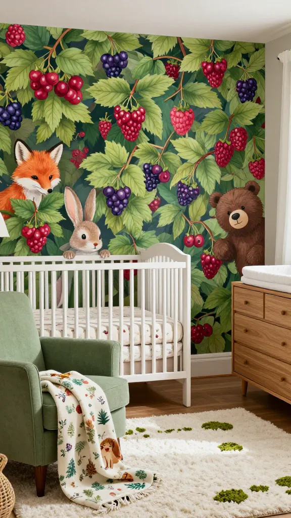 A high-quality, realistic photo of a warm, inviting, and utterly charming nursery designed as a "Berry Patch & Forest Friends Nook." The focal point is a vibrant wall mural depicting lush berry bushes overflowing with rich cranberry and raspberry hues, where adorable, friendly foxes, bunnies, and bears are playfully peeking out. A classic white wooden crib is positioned against this enchanting backdrop, adorned with creamy white bedding subtly patterned with berries. Adjacent to the crib, a cozy armchair upholstered in a soft moss green fabric is draped with a throw blanket featuring a charming forest animal print. A warm wood-toned changing table stands nearby. The floor is covered with a plush rug in creamy white with accents of moss green, enhancing the cozy atmosphere. Touches of warm brown in wooden accents and small decorative items complete the sweet and colorful appeal. Natural light fills the room, creating an inviting glow. No text.