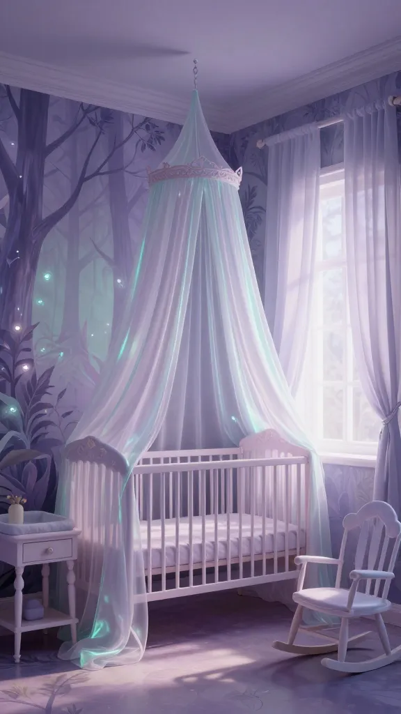 A high-quality, realistic photo of an ethereal Fae Forest Glade Dreamscape nursery. The room is bathed in soft, otherworldly light, creating a truly magical atmosphere. Walls are painted in a misty lavender and pale mint ombre, shimmering subtly. Delicate, iridescent fabric canopies drape gracefully over a crib with soft, curving lines and intricate, subtle details. A sheer, iridescent curtain billows gently by a window, catching the light. Subtle glow-in-the-dark accents are integrated into a delicate mural of stylized forest foliage on one wall, hinting at hidden magic. Furniture, including a small changing table and a rocking chair, features soft curves and delicate, almost translucent details. The overall scene evokes a whimsical, dreamlike fae realm, with a sense of lightness and wonder. No text on images.