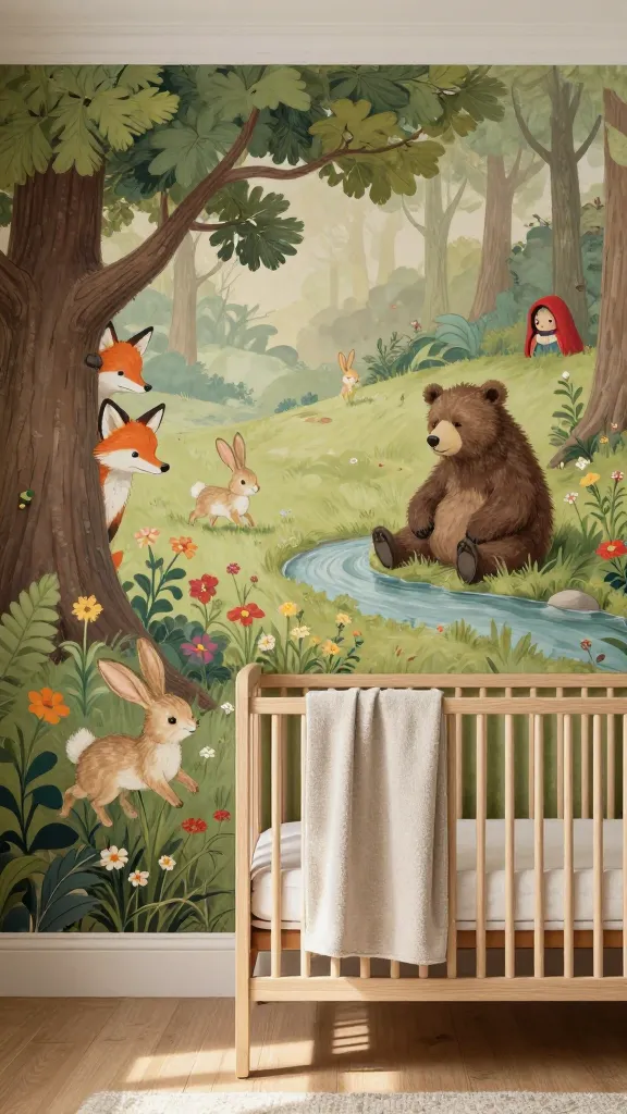 A beautifully designed, cozy nursery featuring a hand-painted mural depicting a whimsical storybook forest adventure. The mural, rendered in a distinct, nostalgic illustrative style reminiscent of classic children's books, showcases charming animals like a curious fox peeking from behind a tree, a gentle bear sitting by a stream, and playful bunnies hopping through wildflowers. A subtle, red-hooded character is partially visible peeking from behind a large oak tree. The room's color palette blends warm neutrals, soft greens, and gentle pops of primary colors integrated into the storybook elements. A classic wooden crib with simple lines is positioned against the mural, adorned with a soft, neutral-toned blanket. Natural light streams in, creating a warm and inviting atmosphere. High-resolution, realistic photo, professional interior design photography, no text.