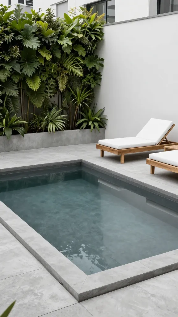 A high-angle, realistic photo of a compact, rectangular plunge pool in a sophisticated urban backyard. The pool's clean lines are emphasized by a muted charcoal grey interior, reflecting the soft light. It is surrounded by a low-profile concrete deck in a matching grey, providing just enough space for two sleek, natural wood sun loungers with crisp white cushions. A minimalist backdrop features a combination of a smooth white wall and a tall, slender vertical garden showcasing lush, deep green foliage, providing a refreshing contrast. The scene is bathed in soft, natural daylight, highlighting the refined textures of the materials and creating a cool, serene urban oasis. No people, no text.