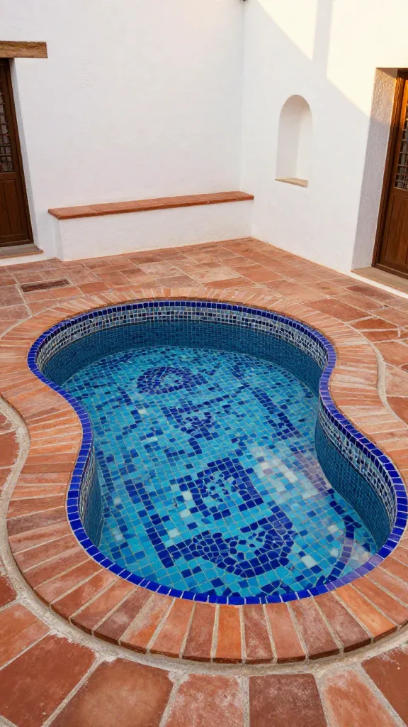 A high-quality, realistic photograph capturing a charming, small, irregularly shaped Mediterranean courtyard dip pool. The pool is exquisitely lined with intricate mosaic tiles in vibrant cobalt blue, refreshing aqua, and warm terra cotta shades. The surrounding patio is paved with authentic, rustic terra cotta pavers. Sun-bleached, whitewashed stucco walls, featuring a subtle decorative niche or two, form the backdrop. The entire scene is bathed in warm, golden sunlight, evoking a tranquil, old-world European villa atmosphere. Natural light. Sharp focus. No text.