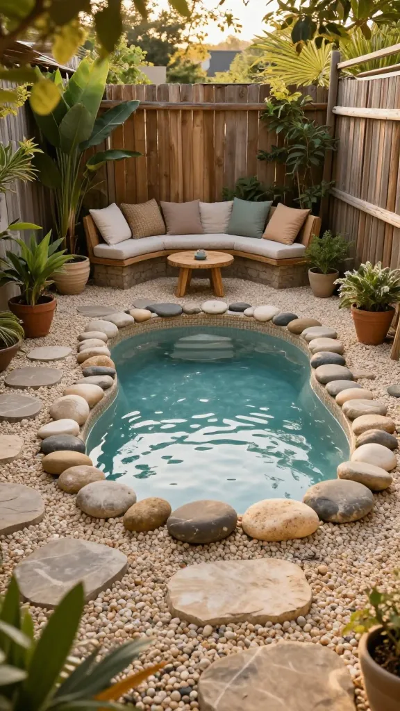 A realistic, high-quality photo capturing a small, boho-chic backyard lagoon pool. The pool features a soft, natural freeform shape, edged with smooth river stones and a natural aggregate finish. Surrounding the pool, a blend of pea gravel and large, irregular stepping stones forms a path leading to a cozy seating nook furnished with low, comfortable cushions and natural wood elements. A low, slatted wooden fence subtly encloses the space. Lush, organic greenery and strategically placed potted plants enhance the natural, relaxed, and whimsical atmosphere. The scene is bathed in warm, inviting golden hour sunlight, creating a serene and utterly inviting haven. No text.