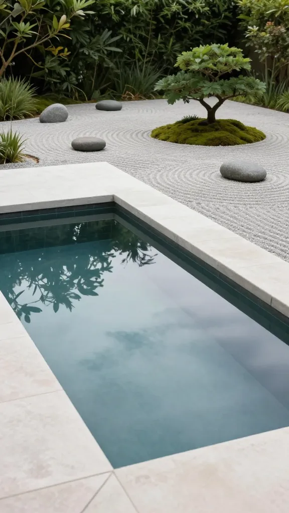 A high-quality, realistic photograph capturing a serene, minimalist Zen garden soaker. The main subject is a small, rectangular swimming pool with a dark liner, perfectly reflecting the clear sky and surrounding lush, green foliage like a still, tranquil pond. The pool is bordered by a clean-edged, minimalist deck made of smooth, light-colored concrete. Adjacent to the deck, meticulously raked gravel gardens stretch out, featuring carefully placed, smooth river stones and sparse, elegantly pruned greenery, such as a single bonsai-like tree or low-lying moss. The overall atmosphere is one of ultimate tranquility and mindfulness, bathed in soft natural daylight. No text.