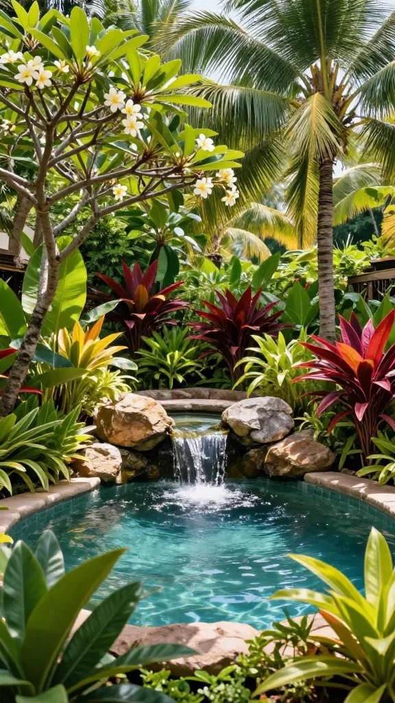 A small, freeform lagoon-style swimming pool is the centerpiece of a vibrant, lush tropical backyard paradise. A gentle, small rock waterfall cascades into the pool, creating a serene, natural sound. The pool is enveloped by an explosion of exotic foliage, featuring towering palm trees, fragrant frangipani trees with delicate blooms, and large, bold-leafed tropical plants in rich greens and reds. Sunlight filters through the dense canopy, casting dappled light on the shimmering water and illuminating the vibrant colors of the plants. The scene evokes a luxurious, private resort getaway. Realistic, high-quality photograph, natural lighting, no text.