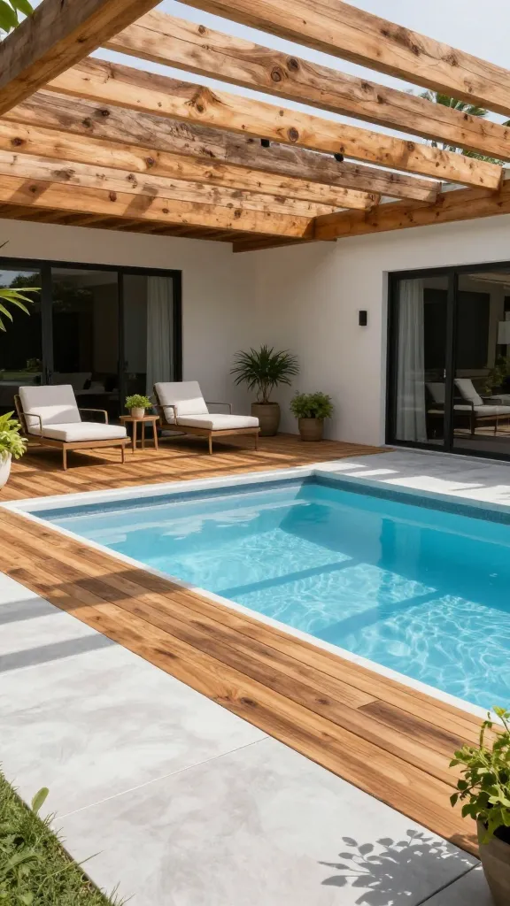 A high-resolution, realistic photograph capturing a modern farmhouse small backyard oasis. A sleek, rectangular plunge pool with a clean, light blue liner is the focal point, surrounded by a wide border of smooth, light grey concrete pavers. Adjacent to the pool, a substantial cedar deck with rich, warm wood tones provides an inviting lounging area. Above a portion of the deck, a modern farmhouse pergola with prominent, exposed natural wood beams casts soft shadows, creating a cozy atmosphere. The design seamlessly blends rustic charm with contemporary clean lines, featuring minimalist outdoor furniture (e.g., two simple, elegant lounge chairs with light linen cushions). Lush, green potted plants add a touch of freshness. Bright, natural daylight illuminates the scene, highlighting the textures and inviting warmth. No text.