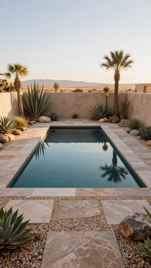 A high-quality, realistic photo of a small, sleek rectangular backyard pool designed as a desert chic oasis, bathed in warm afternoon sunlight. The pool features a dark liner, beautifully reflecting the clear, vast desert sky above. The surrounding hardscaping incorporates generous areas of crushed decomposed granite and large, irregularly shaped flagstone pavers, interspersed with smooth river rocks. Architectural succulents with striking forms, such as Agave and Yucca, along with other drought-tolerant plants in earthy tones, are artfully arranged to create a sophisticated, low-maintenance landscape. The overall aesthetic exudes cool sophistication and a serene desert retreat vibe, maximizing both space and style.