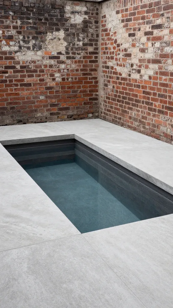 A high-resolution, professional architectural photograph showcasing a small, crisp, rectangular plunge pool with a dark grey interior, designed with an industrial edge. The pool is elegantly integrated into a compact backyard space, surrounded by large format polished concrete slabs, some featuring subtle exposed aggregate. A dramatic, weathered reclaimed brick wall serves as a prominent backdrop, enhancing the urban grit and raw material aesthetic. Strong lines and sophisticated, no-nonsense design are evident, bathed in natural daylight that highlights textures. No text.
