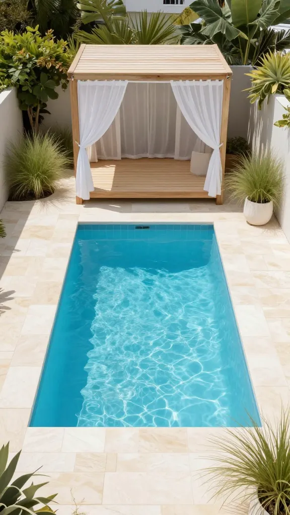 A sun-drenched, high-angle photograph capturing a compact, stylish small backyard pool area designed with a 'Coastal Cool Cabana' theme. The pool itself is a clean, rectangular shape with a brilliant light blue interior, vividly mimicking clear ocean water. It is elegantly framed by wide, pale travertine pavers that seamlessly transition to a charming, open-sided cabana. The cabana, constructed from light-toned wood, is adorned with sheer white curtains that gently sway, creating a breezy, inviting, and airy atmosphere. Strategically placed, low-maintenance coastal greenery like dune grass in simple white planters enhances the seaside escape feel without overwhelming the limited space. The entire scene is bathed in bright, natural light, emphasizing the refreshing, laid-back aesthetic and the clever maximization of a small footprint. High-quality photo, no text.