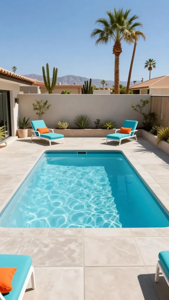 A realistic, high-quality photo capturing a small, sharp rectangular backyard pool with a classic light blue interior, designed in a vibrant Retro Palm Springs mid-century modern style. The pool is bordered by a patio featuring large, square concrete pavers arranged in a clean grid pattern. Bright turquoise outdoor lounge chairs with playful orange accent cushions are positioned on the patio, creating a striking color pop. The scene is bathed in bright desert sunlight under a clear blue sky, with slender palm trees and minimalist desert plants in stylish planters. The background subtly includes elements of mid-century architecture, contributing to an atmosphere of sophisticated playfulness and geometric elegance. No text.