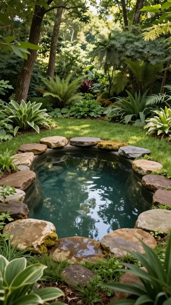 A high-quality, realistic photograph capturing an intimate, eye-level view of a small, freeform, pond-like backyard pool. The pool features a dark, natural-toned liner, creating a deep, reflective surface that blends seamlessly with its surroundings. The informal edging consists of large, irregularly shaped natural stones, some partially covered with soft moss, transitioning directly into lush, verdant grass and rich soil. The pool is enveloped by a dense, naturalistic planting of native trees with mature canopies, providing dappled sunlight, abundant ferns, hostas, and other shade-loving plants, forming a serene woodland garden retreat. The scene emphasizes organic shapes, natural materials, and a profound sense of harmony with nature. Soft, filtered sunlight illuminates the scene, enhancing the tranquil, secluded atmosphere. Realistic, high-detail photography, no text.