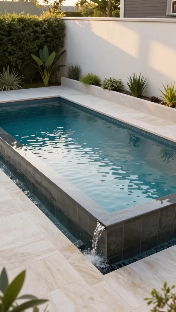 A realistic, high-quality photograph from a slightly elevated perspective, showcasing a sleek, rectangular small backyard infinity plunge pool. The pool's crystal-clear water gently spills over its infinity edge, creating the mesmerizing illusion of disappearing seamlessly into a clean, modern garden wall in the compact backyard. The pool is finished with light-toned natural stone coping and dark, minimalist tiles, reflecting the soft, golden light of a late afternoon sun. Surrounding the pool are subtle, low-profile modern planters with lush, architectural greenery, enhancing the sense of an expansive, luxurious oasis despite the small footprint. No text.