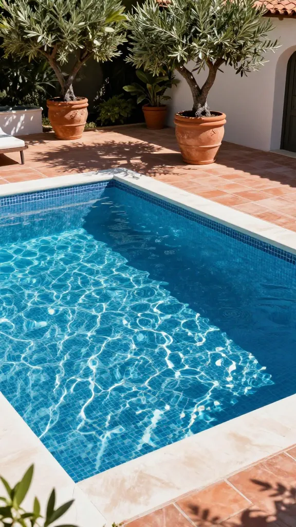 A sun-drenched, high-angle view of a luxurious backyard pool designed in the style of a Mediterranean Riviera retreat. The pool's edge features a shimmering mosaic tile border that catches and reflects the bright sunlight like scattered jewels. Surrounding the pool, the patio and outdoor decor showcase a sophisticated palette of rich, earthy terracotta and deep blues, beautifully contrasted with crisp white accents. Lush, mature olive trees are elegantly placed in oversized, rustic terracotta pots, providing authentic Mediterranean charm and dappled shade. The scene exudes the timeless elegance of the South of France on a beautiful, clear day. Realistic, high-quality photograph, no text.