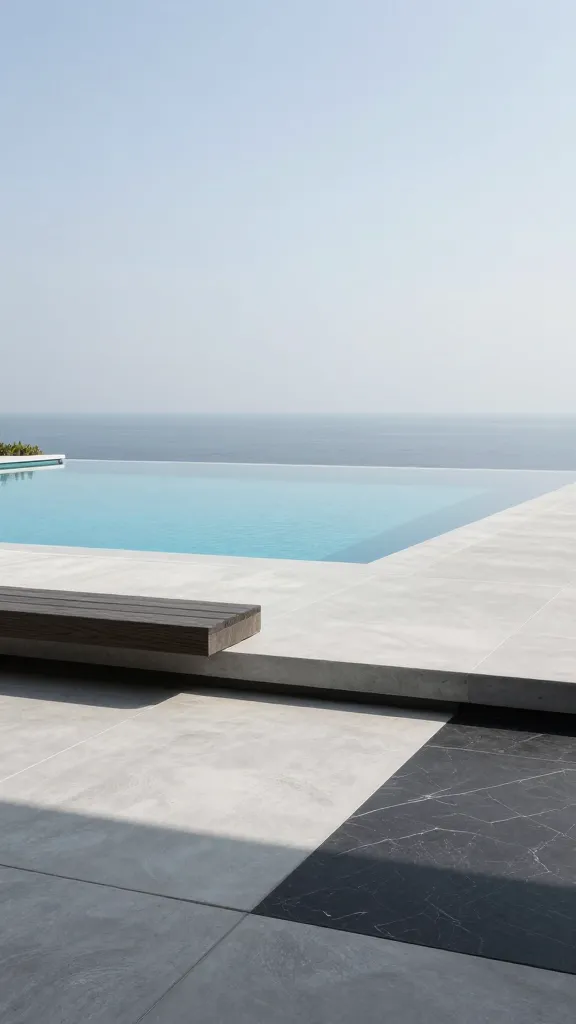 A high-resolution, eye-level photograph capturing a stunning modern minimalist backyard oasis. The central feature is a sleek, crisp rectangular infinity-edge pool, its brilliant blue-green water reflecting the clear sky and creating a seamless visual with the distant, calm horizon. The pool deck is meticulously crafted from large format, smooth light gray polished concrete slabs and interspersed with dark charcoal polished stone pavers, all arranged in precise, clean lines. A subtle, low-profile dark wood bench is integrated along one edge of the deck, offering understated elegance. The scene is uncluttered and serene, dominated by a sophisticated color palette of cool grays, brilliant whites, and deep charcoals, allowing the pristine water to be the absolute star. Natural daylight, no text.