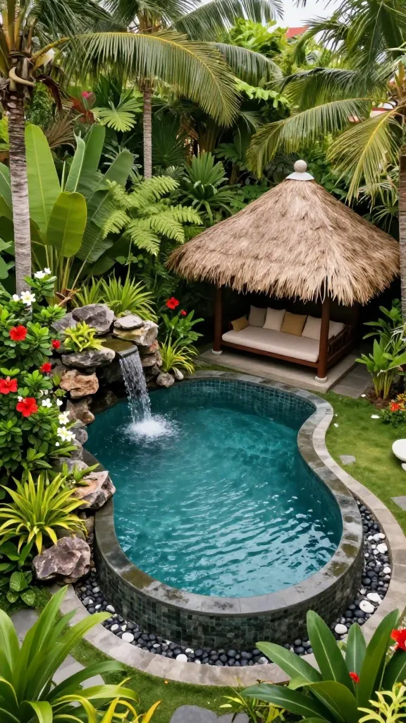 A high-angle, realistic photo capturing a luxurious and serene 'Tropical Balinese Haven' backyard oasis. A free-form swimming pool is the centerpiece, its edges meticulously lined with dark river stones and natural rock. The pool is enveloped by an abundance of lush, verdant tropical foliage, including towering palm trees, dense ferns, and vibrant splashes of exotic flowers like red hibiscus and white frangipani. Adjacent to the pool, a small, inviting thatched-roof cabana stands, offering a shaded retreat with comfortable, natural-toned cushions. A gentle waterfall cascades from a natural rock formation at one end of the pool, adding a soothing sound and visual element. The scene is bathed in soft, natural daylight, highlighting the rich textures of the natural materials and vibrant greenery.