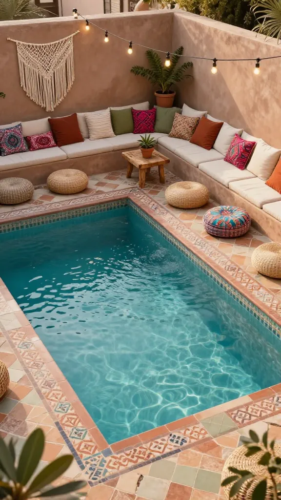 A high-angle, realistic photograph capturing a luxurious Boho Chic backyard oasis, centered around a sparkling, rectangular swimming pool. The pool is elegantly bordered by intricate patterned Moroccan tiles in warm terracotta, sandy beige, and muted sage green hues. Adjacent to the pool, a sprawling low-slung outdoor sectional sofa is heavily layered with an abundance of plush, textured cushions in earthy tones like rust, cream, and olive, accented with vibrant pops of fuchsia and turquoise from global-inspired patterns. Several round, woven outdoor poufs are casually placed on the tiles, inviting relaxation. A natural wood side table holds a terracotta pot with a lush, cascading plant. Delicate string lights are draped overhead, casting a warm, inviting glow, and a large macrame wall hanging adds to the eclectic decor. The scene is bathed in soft, golden hour sunlight, highlighting the relaxed and effortlessly cool ambiance. No text.