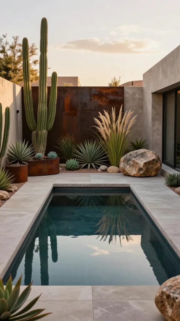 A stunning, high-definition, realistic photograph showcasing a 'Desert Modern Oasis' backyard. The centerpiece is a sleek, minimalist dark-bottom swimming pool, reflecting the sky and mimicking a natural cenote. The surrounding landscape is meticulously xeriscaped with a diverse array of drought-tolerant plants, including tall, sculptural cacti, vibrant succulents in varying forms, and graceful ornamental grasses swaying gently. Architectural elements feature smooth concrete paving and pool coping, artfully integrated rusted steel planters or accent walls, and large, earthy natural stone boulders strategically placed. The design embodies a sophisticated blend of modern lines and rugged desert beauty, creating a striking, water-wise, and serene retreat. Captured during the golden hour, with warm, soft light enhancing textures and shadows. No text.