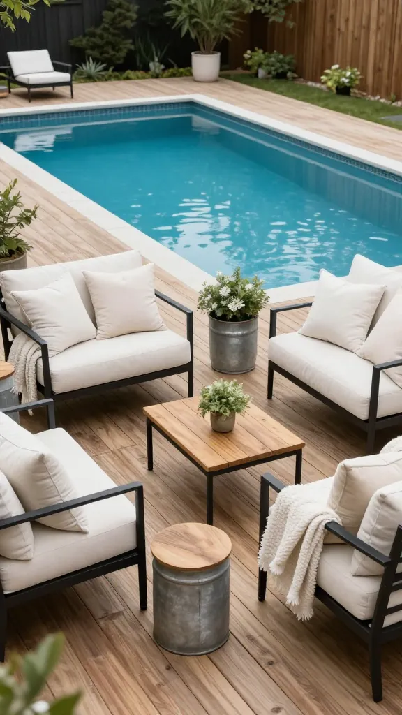 A high-quality, realistic photograph of a modern farmhouse-inspired backyard pool area, captured from a slightly elevated perspective. A classic rectangular swimming pool with sparkling clear blue water is the central feature, elegantly framed by wide-plank wood decking in a warm, distressed finish. On the decking, an inviting arrangement of comfortable outdoor seating awaits, featuring a plush, low-slung sofa and two matching armchairs, all generously adorned with an abundance of soft white and cream pillows and textured throws. Scattered amongst the seating are small side tables with sleek black metal frames and natural wood tops, alongside a stylish galvanized steel planter filled with subtle, lush greenery. The predominant color palette of whites, creams, and natural wood tones is beautifully accented by touches of black metal and galvanized steel. The scene is bathed in soft, natural light, creating a cozy, welcoming, and stylish family oasis. No text on image.