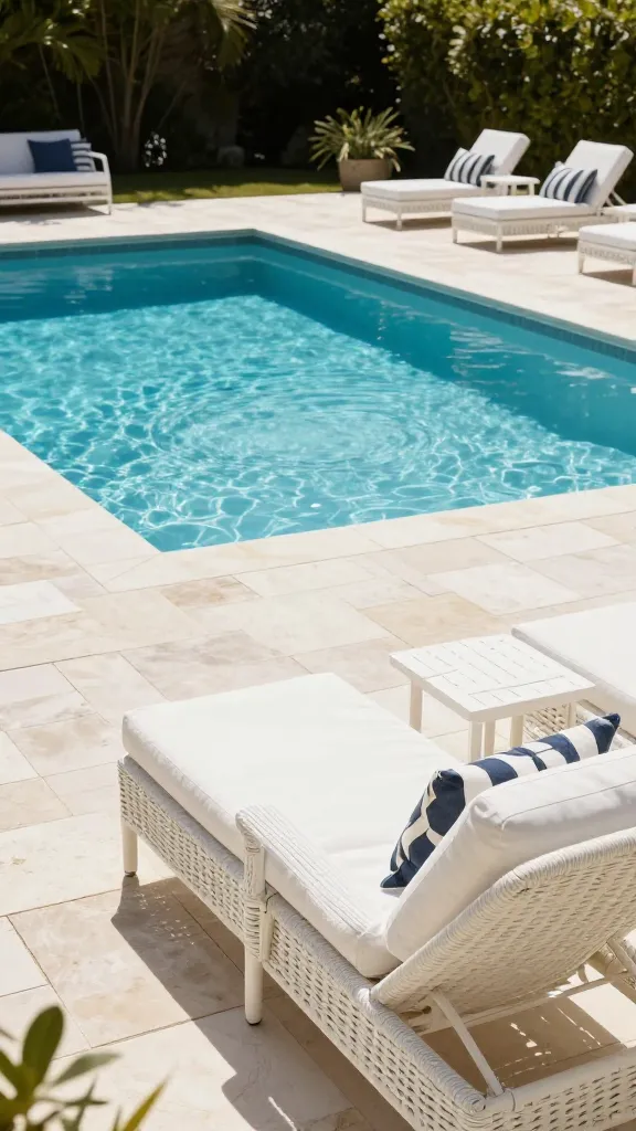 A high-quality, realistic photograph capturing a luxurious Coastal Hamptons backyard pool escape. A classic rectangular pool with a sparkling light blue interior is the focal point, surrounded by expansive, light-colored stone pavers that create a bright and airy deck. Elegant white wicker lounge chairs, dressed with crisp white cushions and accented with navy blue and white striped throw pillows, are strategically placed for relaxation. A small, white painted wooden side table sits beside them. The scene is bathed in warm, bright sunlight, highlighting the crisp blues and clean whites, with subtle natural textures and lush green foliage in the background, embodying an effortlessly sophisticated and serene permanent vacation ambiance.