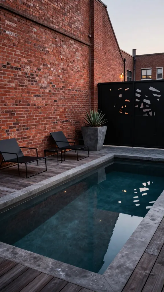 A high-angle, realistic, high-quality photograph captures an Industrial Chic Urban Backyard Pool Retreat at dusk. A sleek, dark-bottom concrete pool dominates the scene, reflecting the subtle glow of nearby city lights. The pool is sharply contrasted by a tall, raw exposed red brick wall forming one boundary, showcasing its natural texture. Adjacent to the pool, a minimalist deck crafted from dark reclaimed wood features two black metal lounge chairs with clean, geometric lines. Large, textured dark gray concrete planters with sharp angles hold sparse, architectural succulents. Dark stone paving extends around the pool's edge, leading to a black metal privacy screen featuring a bold, geometric cutout pattern. The scene exudes a sophisticated, edgy, and graphic aesthetic, highlighting the strong interplay between raw materials and modern, minimalist design. No text.