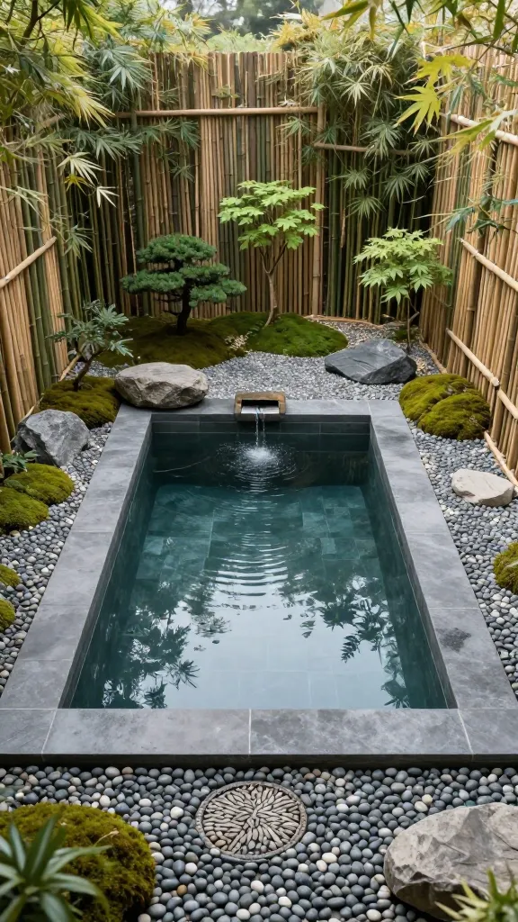 A high-angle, realistic photograph of an exquisitely designed Zen Garden Plunge Pool. The small, deep, rectangular plunge pool, with its smooth, dark grey interior, holds perfectly still, crystal-clear water, reflecting the serene surroundings. It is seamlessly integrated into a minimalist landscape featuring tall, natural bamboo screens that provide a sense of secluded tranquility. The ground around the pool is meticulously covered with a mosaic of smooth, varied grey river stones, artfully interspersed with patches of vibrant green mossy rocks. A subtle, trickling water feature, perhaps a simple stone spout gently spilling water into a basin or directly into the pool, is essential, providing soothing auditory ambiance. Strategically placed, meticulously pruned dwarf evergreen shrubs and delicate Japanese maples add touches of refined greenery, enhancing the contemplative atmosphere. The scene is bathed in soft, diffused natural light, emphasizing textures and creating a deeply calming, harmonious oasis. No text on image.