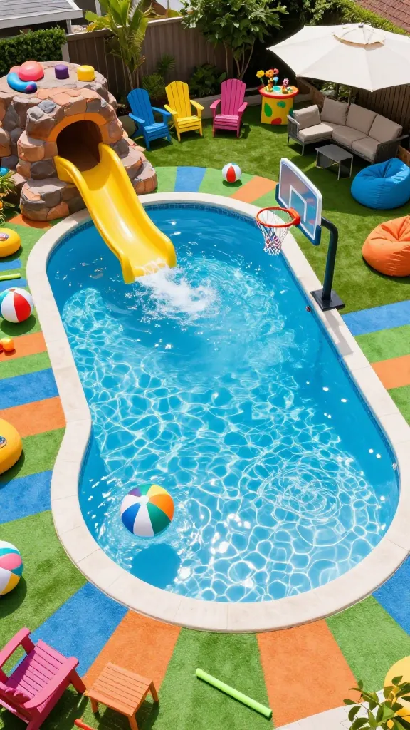 A vibrant, high-angle wide shot of a multi-functional backyard pool designed as a 'Family Fun Zone Extravaganza' on a bright, sunny afternoon. The large, custom-shaped swimming pool features a gradual, shallow beach entry on one end, perfect for toddlers to splash in. An integrated, winding bright yellow water slide is built into a whimsical rock feature, curving down into the deeper section of the pool, where a sleek poolside basketball hoop with a white net stands ready for play. The water is crystal clear and sparkling blue, with gentle ripples and splashes suggesting recent activity. The surrounding deck is a mix of colorful, durable non-slip pavers in shades of blue, green, and orange, interspersed with lush, vibrant green artificial turf. Numerous comfortable and weather-resistant seating options are strategically placed: a cluster of colorful Adirondack chairs and bean bags near the shallow end, a large outdoor sectional sofa under a modern cantilever umbrella providing ample shade, and a small, brightly colored outdoor snack bar/cooler station with easy access to refreshments. Inflatable pool toys, colorful beach balls, and pool noodles are scattered both in and out of the water, adding to the playful atmosphere. The overall scene is bright, cheerful, and full of life, conveying endless entertainment for all ages. Realistic, high-quality photography, no text.