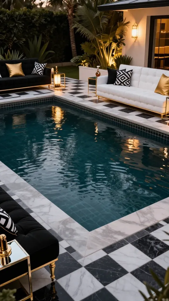 A high-quality, realistic photograph capturing a glamorous Hollywood Regency backyard pool area at twilight. The generously sized pool features a shimmering, deep dark-tiled interior, dramatically reflecting the warm, ambient lighting. Surrounding the pool is expansive, high-gloss black and white tiled decking, possibly in a checkerboard or geometric pattern. Plush, tufted outdoor sofas in black and white fabrics, adorned with gold accent pillows and cushions featuring bold geometric patterns, are elegantly arranged on the deck. Mirrored side tables with gold trim hold sophisticated decor. The scene is bathed in dramatic lighting, emphasizing the opulent black, white, and gold color palette, exuding old-school Hollywood glamour, luxury, and a touch of retro chic. Sharp focus, no text.